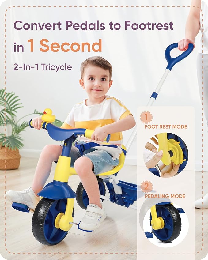 KRIDDO 2 in 1 Kids Tricycles Age 18 Month to 3 Years, EVA Wheels Upgraded Trikes Gift for Toddlers 2 to 3 Year Old with Push Handle and Duck Bell, Blue