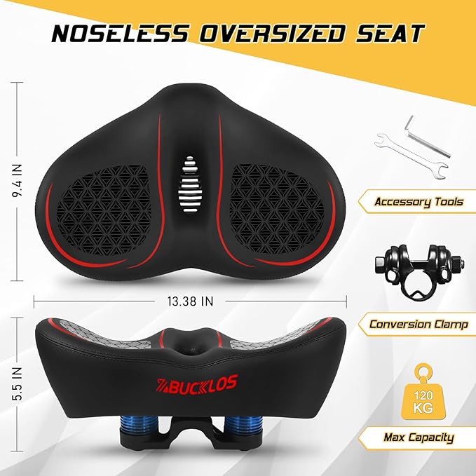 BUCKLOS New Noseless Bike Seat for Comfort Men&Women Extra Wide Bicycle Seat Cushion Oversized Comfortabele Foam Padded Bike Saddle for Peloton Exercise Bike Ebike Cruiser Bikes