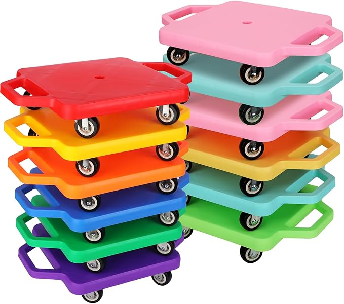 Deekin 12 Pcs Scooter Boards with Handles Bulk for Kids, Plastic Floor Sitting Scooter for Kids Children Gym Indoor Outdoor Activities Play and Daycare Supplies (Macaron Colors)
