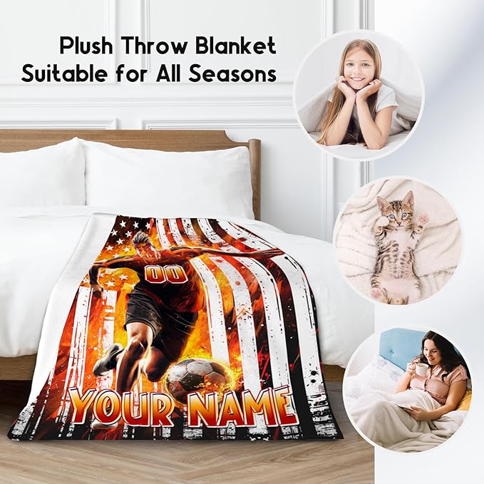 Soccer Blanket for Boys, Personalized Kids Throw Blankets, Custom Soccer Gifts for Son, Warm Flannel Sports Theme Throw for Kids Teens, 50"x60"