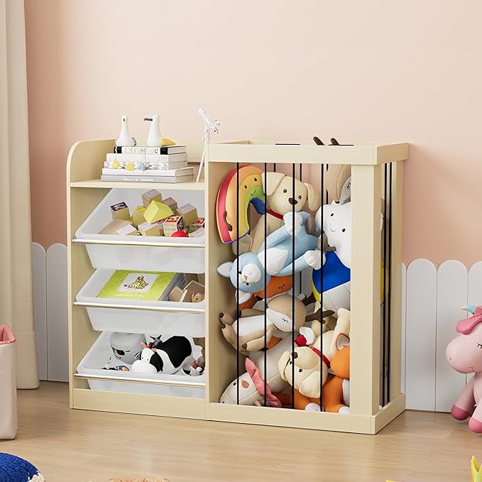 NACHES Kids Toy Organizer and 4-Tier Montessori Bookshelf with 3 Bins, 3-in-1 Toy Shelves and Stuffed Animal Storage for Playroom, Nursery, Baby Room (Burlywood)