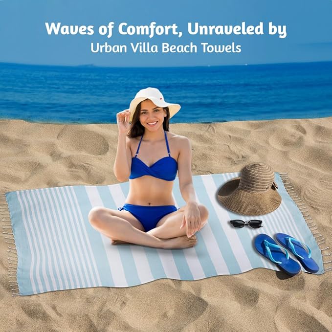 Urban Villa Set of 6 Turkish Beach Towel Oversized 36x72 Absorbent Extra Large | Sand Free Quick Dry Bath Towels | Swim Towel Lightweight Hammam Bath Sheet Camping Spa Towels | Aqua