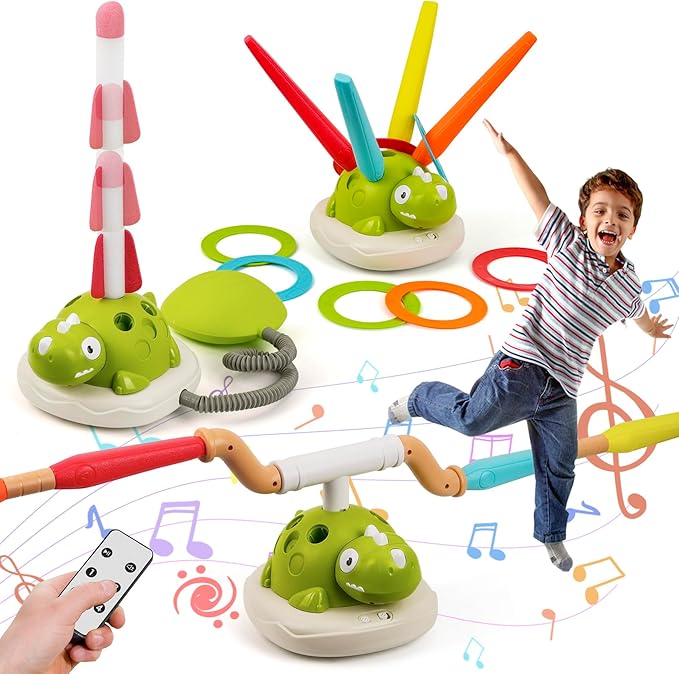 3-in-1 Dinosaur Rocket Launcher, Ring Toss & Musical Jumping Toy for Kids Aged 3-8, Remote Control Outdoor & Indoor Toys for Boys and Girls, Birthday Gift for Boys & Girls Ages 4-8