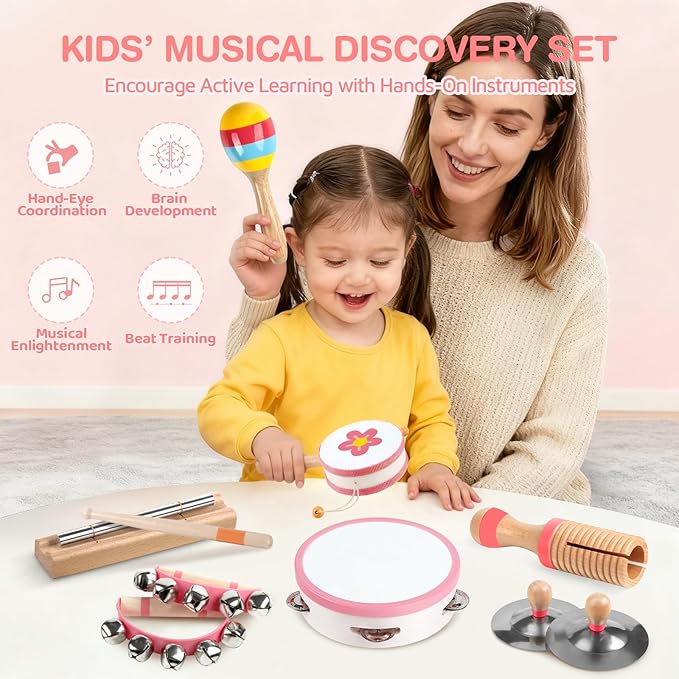 Baby Musical Instruments - Montessori Musical Toys for Toddlers 1-3, Wooden Percussion Instruments Set, Kids Preschool Educational Music Learning Toys, Christmas Birthday Gifts for Boys Girls Age 18m+