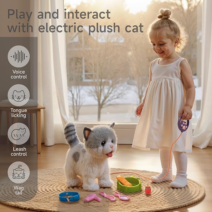 OR OR TU Walking Toy Cat with Remote Control Leash, Plush Cat Electronic Interactive Toys for Kids, Shake Tail, Licking, Pretend Dress Up Realistic Stuffed Animal Cat Age 3 4 5 6+ Years Old Best Gift
