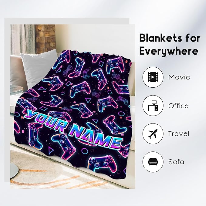 Gamer Blanket Gifts - Personalized Boys Blankets for Kids - 4 Sizes Cozy Soft Cool Gaming Throw for Teens Adults