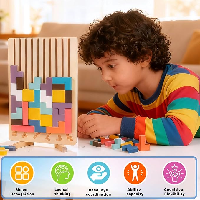 Wooden Colored 3D Russian Block Stacking Puzzle, Montessori Educational Toy for Toddlers Ages 3+ Fun Brain Teasers Family Board Game and Classroom Activities