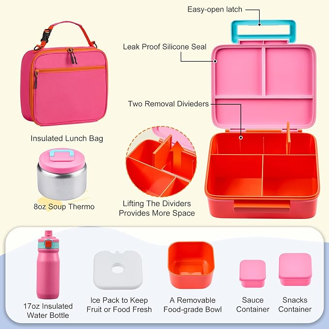 Bento Lunch Box for Kids with Thermos, Leakproof Bento Box with 8oz Insulated Food Jar, Insulated Bottle, Lunch Bag, BPA Free Dishwasher Safe 4 Compartment Container for School Girls Boys (Pink)