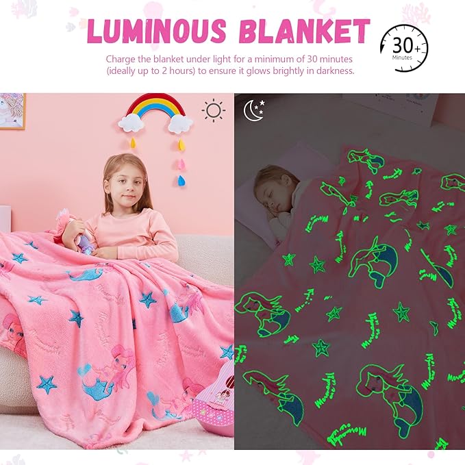 Glow in The Dark Mermaid Blanket,Mermaid Gifts Toys for Girls, Birthday Presents Decor for Kids Age 3-14 Year Old Daughter Teen Child Toddler Luminous Christmas Bedroom Throw Blanket 50"x60"