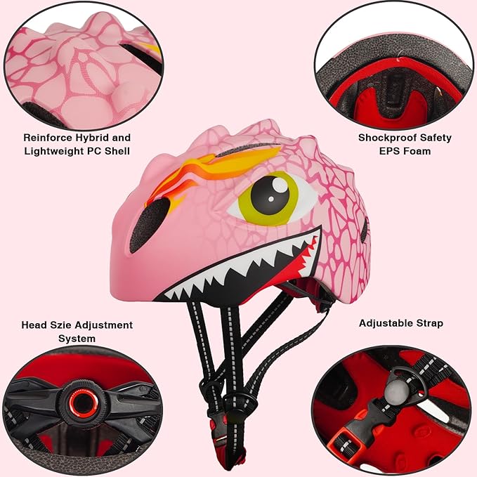 Toddler Helmet Kids Bike Helmet for 2 3 4 5 6 7 8 Years Old Girls with 3D Dinosaur Design Protective Gear Set and Safety Certified, Toddler Bike Cycling Skating Skateboard Scooter Helmet