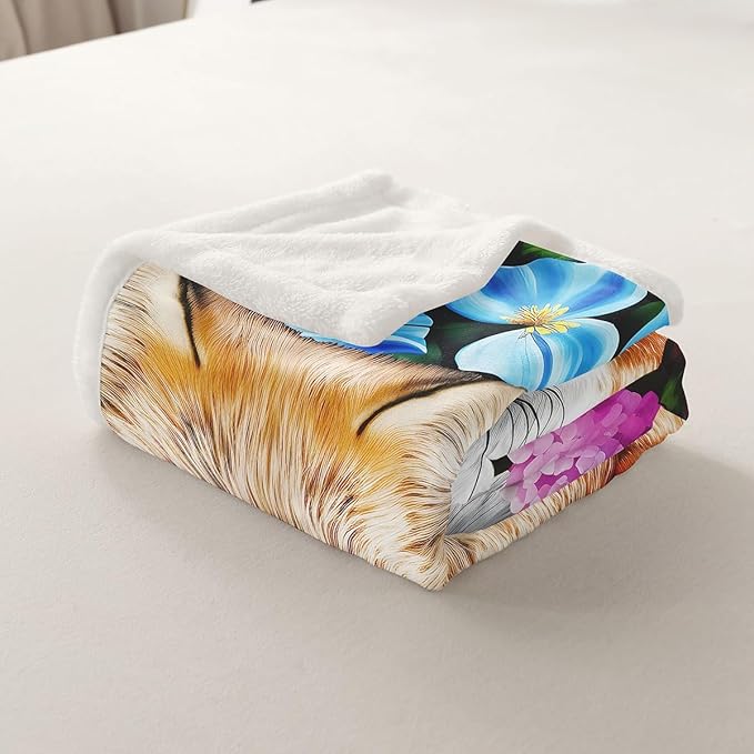 Fox Print Fleece Throw Blanket Cartoon Fox Sherpa Blanket for Kids Boys Girls Colorful Flowers Butterfly Plush Blanket Soft Decor Wild Fox Animal Fuzzy Blanket for Sofa Bed Couch, Throw 50x60 Inch