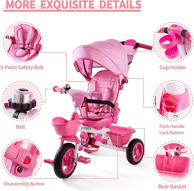 Baby Trike, 6-in-1 Kids Tricycle with Adjustable Push Handle, Removable Canopy, Safety Harness for 18 Months - 5 Year Old(Pink)