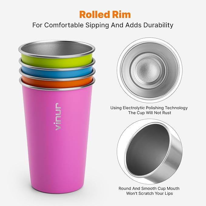 VINUR 4 Pack Stainless Steel Cups 16 oz Pint Tumbler Stackable Metal Drinking Glasses for Travel, Camping, Outdoors (Sky Blue-Orange-Hot Red-Apple Green)