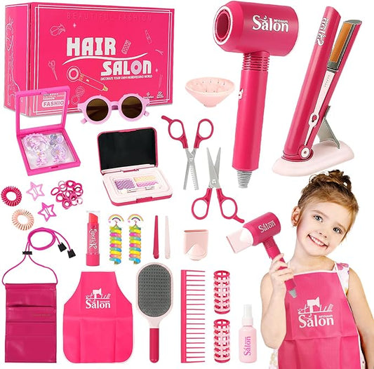 45PCS Hair Salon Toys for Girls Pretend Play Set, Kids Dress Up Beauty Kit with Hair Dryer & Curling Iron Accessories, Christmas Birthday Gift for Toddler Age 3 4 5 6+