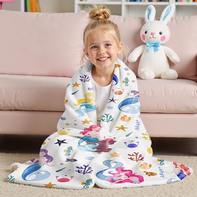Wajade Kids Mermaid Blanket for Girls Soft Fleece Blanket for Couch Sofa Bedroom Mermaid Marine Life Throw Blanket for Kids Teens 60"x80"