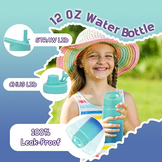 Mininoo Insulated Kids Water Bottle, 12 oz Stainless Steel Water Bottle Kids with Straw Lid and Chug Lid for Girls, Boys (Sky/Blue)