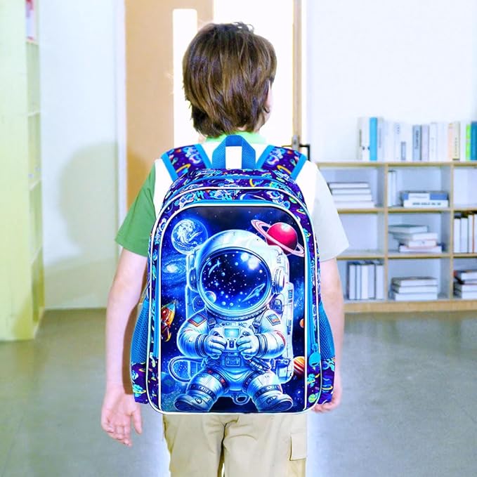16" Space Backpack for Boy, 3Pcs Astronaut Bookbag for Elementary Preschool Kindergarten, Kids School Backpacks with Lunch Box (Blue)