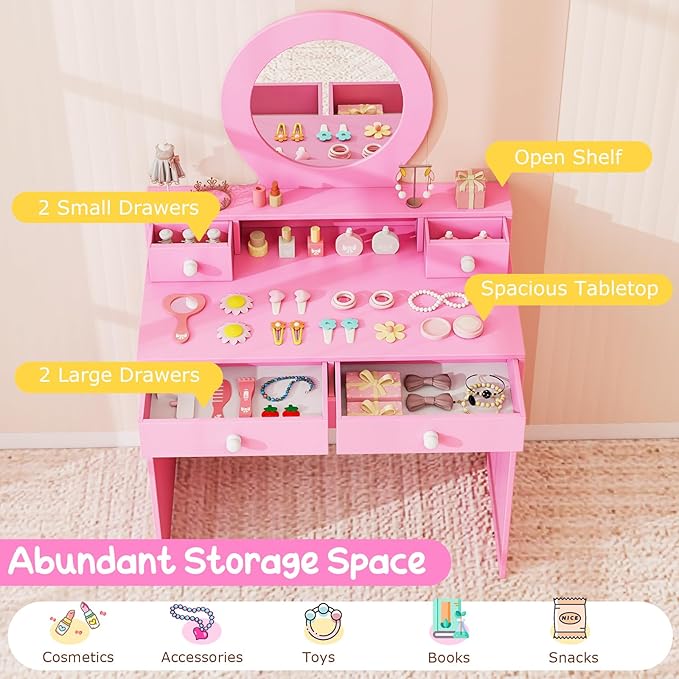 Costzon Kids Vanity, Princess Makeup Dressing Desk with Mirror and Stool, 4 Storage Drawers, Vanity Table and Chair Set for Little Girls (Pink)