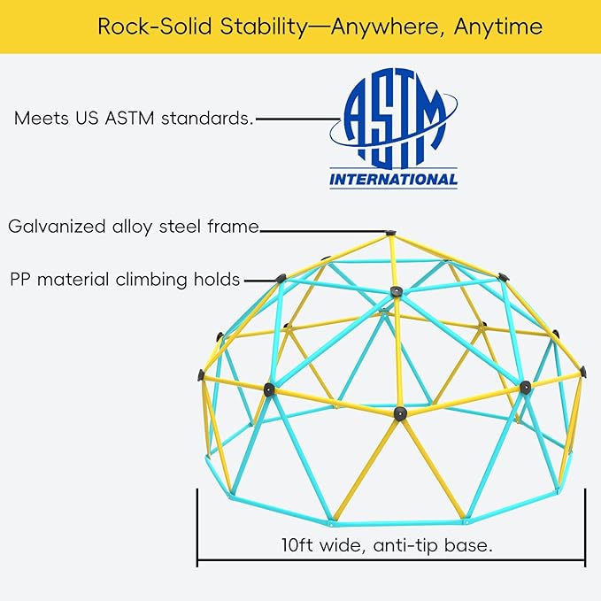 10FT Kids Climbing Dome Outdoor Jungle Gym for Kids, Geometric Dome Climber Anti-Rust Metal Outdoor Playset Equipment Structure ASTM Approved Blue & Yellow
