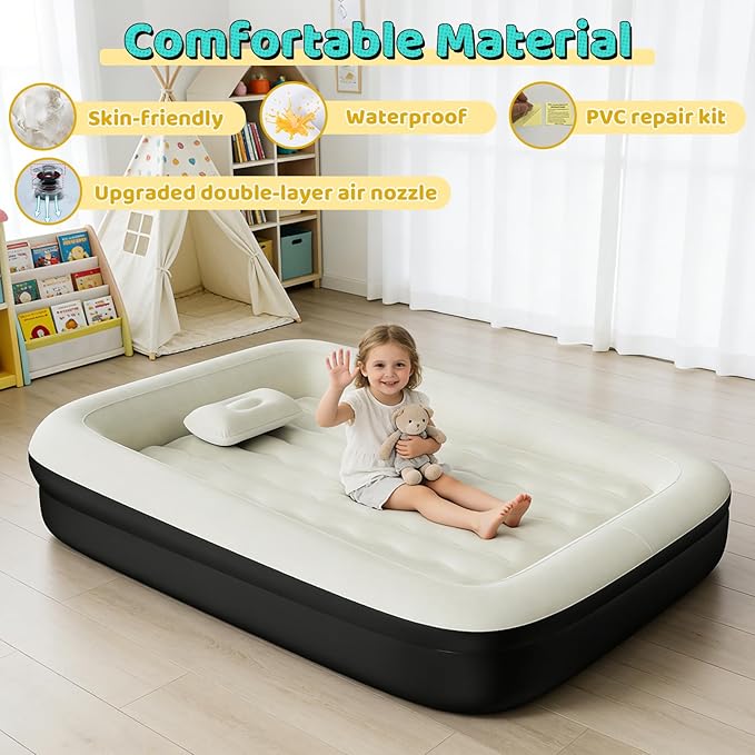 Inflatable Toddler Travel Bed - Toddler Blow Up Mattress with Safety Sides - Kids Air Mattress with Electric Pump & Carry Bag - Lightweight Camping Portable Bed for Sleeping Outddor - 64inch