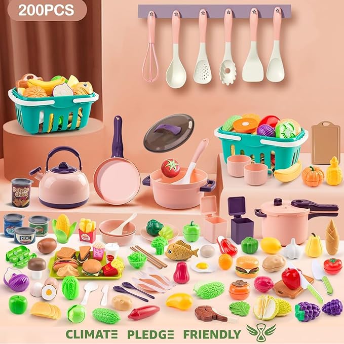 200Pcs Mini Play Kitchen Accessories for Kids, Pretend Cooking Playset with Cookware, Tableware & 2 Fruit Sets, Learning Gift for Girls, Boys, Toddlers, Pink