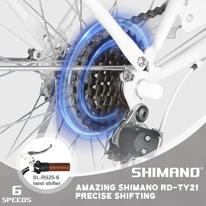 Glerc 20 24 26 Inch Beach Cruiser Bike, 6-Speed Hybrid City Bicycle for Girls Youth and Over 6 Years Old, Missy Bike with Wicker Basket & Lightweight, Multiple Colors