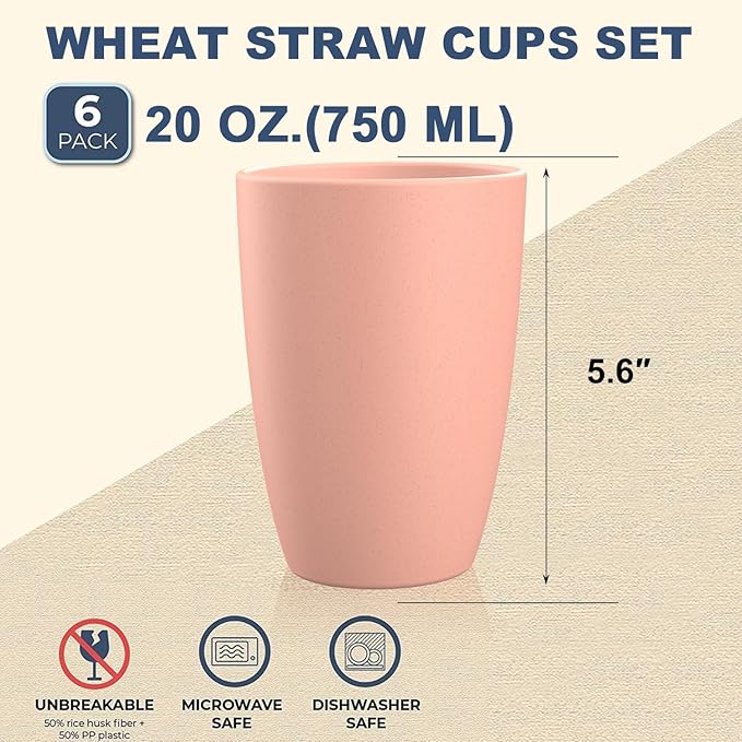 unbreakable wheat straw cups 20oz set of 6 with textured pattern anti slipping,large plastic drinkings cups microwave safe and dishwahser safe.6-Mixed-Colors