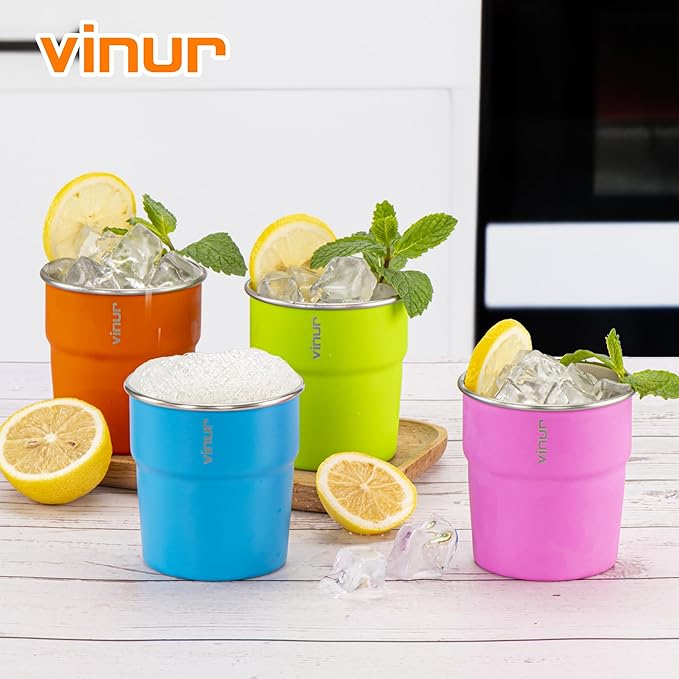 VINUR Kids Stainless Steel Cups-8 oz Stackable Metal Drinking Tumbler Glasses for Travel, Camping, Outdoors (Sky Blue-Orange-Hot Red-Apple Green)