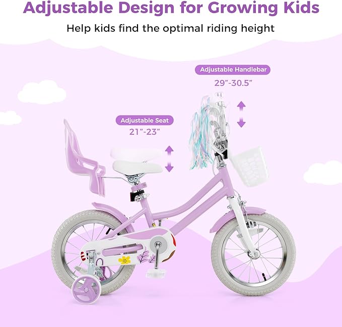 BABY JOY Kids Bike, 12 14 16 18 Inch Children Bicycle w/Detachable Training Wheels, Storage Basket, Adjustable Seat & Handlebar, Bow or Streamer, Girls Bike for 3-8 Years Old