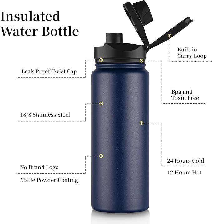 24 oz Insulated Water Bottle Bulk 8 Pack, Stainless Steel Sports Water Bottles with Straw Lid & Wide Mouth Lids, Double Walled Vacuum, Leak Proof, Navy Blue