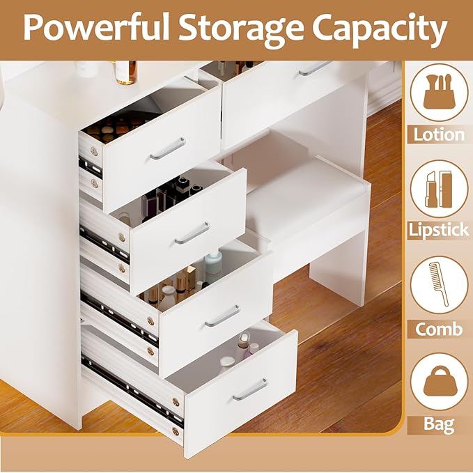 Vanity Desk with Sliding LED Mirror and Lights, Makeup Vanity Desk with Lighted Mirror, 3-Color Adjustable Brightness, USB Port, Drawers, Small White Vanity Set with Stool for Bedroom, Girls & Women