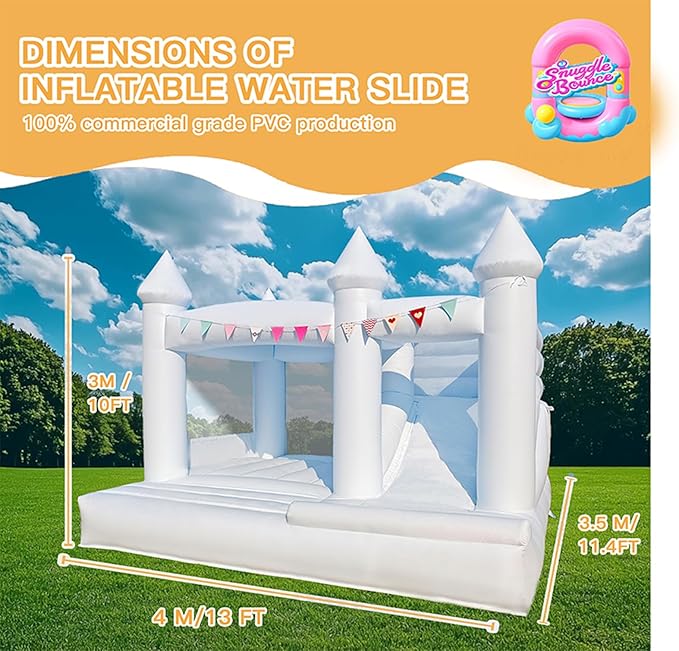 13 FT 100% PVC White Inflatable Bounce House with Large Slide Bouncy Castle for Kids Aged 3-12 Jump House Inflatable Bounce Wedding Party Decoration Best Gift for Kid(Includ Blower)