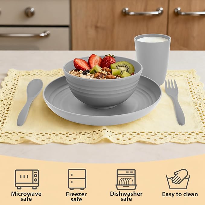 Dinnerware Sets 20 PCS, Wheat Straw Plates and Bowls Sets Service for 4, Microwave Dishwasher Safe Kids Tableware Set, Unbreakable Reusable Plastic Plates Set for Kitchen Office Travel Camping - Gray