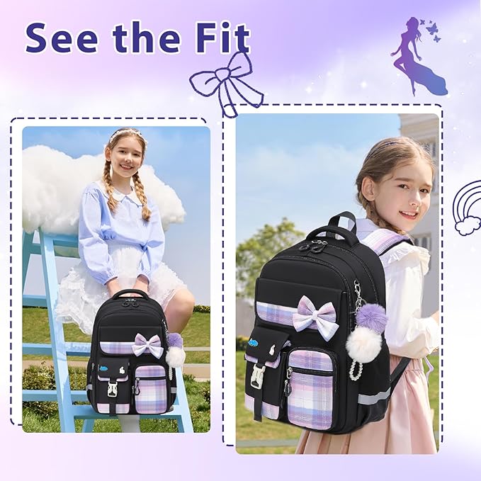 School Backpack for Girls Kids Bookbag for Elementary Middle School Casual Travel Daypack Teen Backpacks Black