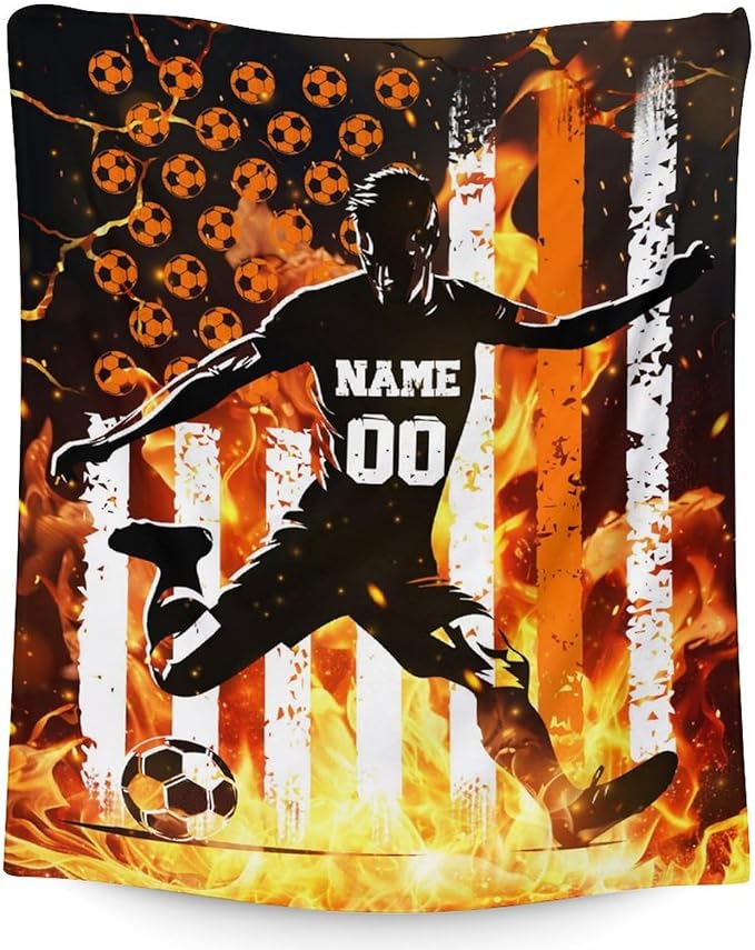 Personalized Soccer Throw Blanket Gifts with Name for Boys, Sport Blanket for Kids Teens Adults Soccer Lovers, Custom 60x50 Inches Soft Blankets for Sofa Couch Bed