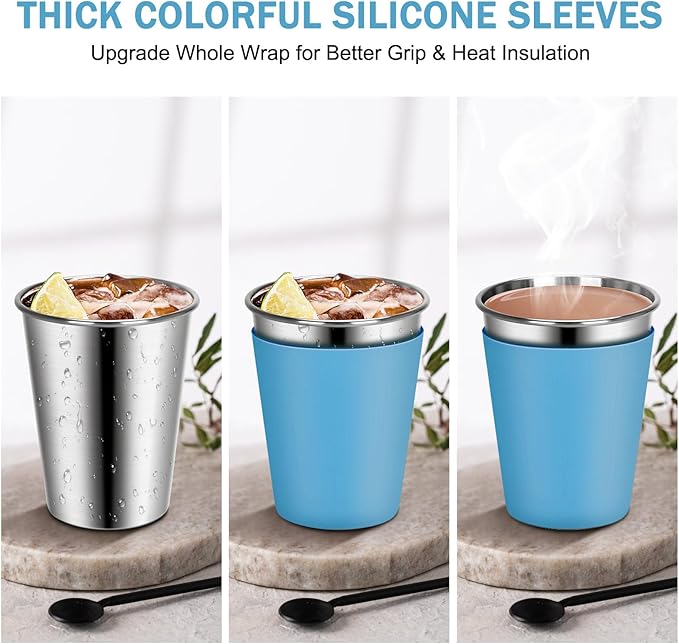 2 Pack Kids Cups with Straws and Lids Leak Proof, 12oz Sippy Cups for Toddlers with Colorful Sleeves, Unbreakable Stainless Steel Water Tumblers (Blue & Peach)