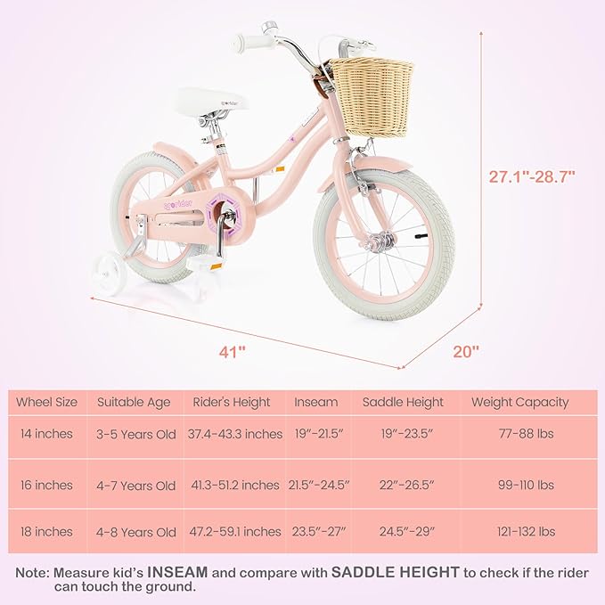 BABY JOY Kids Bike, 14 16 18 Inch Retro Kids Bicycles for 3-8 Years Old Children with Training Wheels, Adjustable Height, Rattan Basket, Handbrake & Coaster Brake, Boys Girls Bike (Pink, Green, Blue)