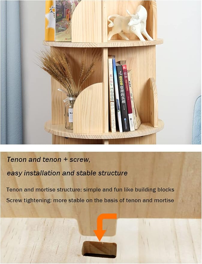 Rotating Bookshelf 360 Degrees, 4 Tier Stackable Solid Wood Bookshelf Organizer, Storage Display Rack Floor Standing Bookcase for Kids&Adults (51"x17.32"x17.32")