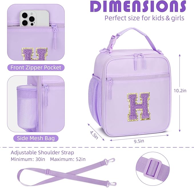 Initial Insulated Lunch Bag for Girls Kids, Back to School Gift, Reusable Leak-proof Lunch Box with Adjustable Strap for School Daycare Travel Picnic (Purple,H)