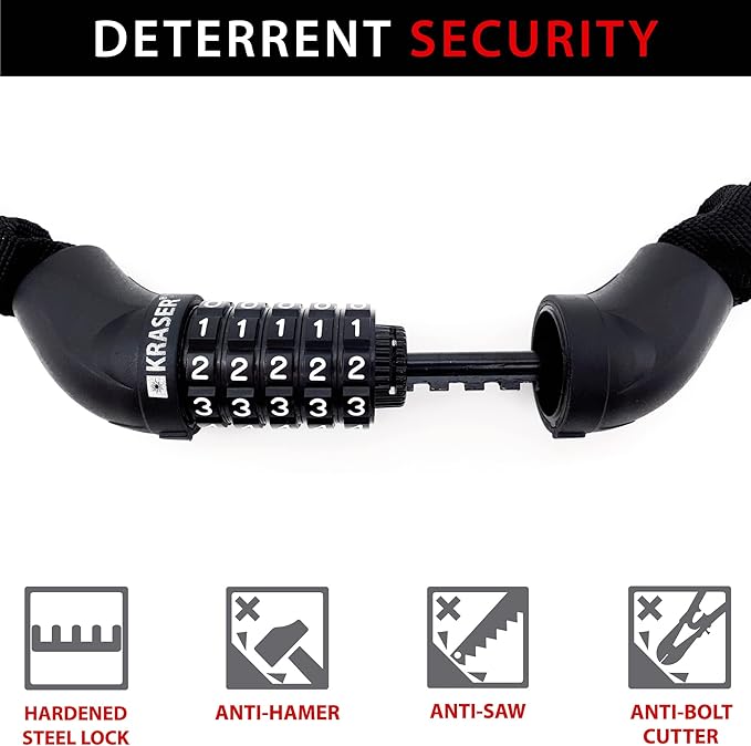 KRASER KR610 Bike Chain Lock, Extra Safety with 5 Digit Code, Thicker and More Durable ø8mm/0.31in Steel Links with Nylon Cover, Anti Theft for Bicycle, Scooter, Gates, Containers, 100cm/3.2ft Long