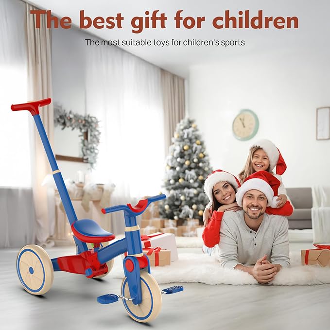 Tricycle for Toddlers 1-3 Year Olds, 5 in 1 Toddler Balance Bike with Removable Pedal, Foldable Toddler Tricycle with Push Handle(Blue)