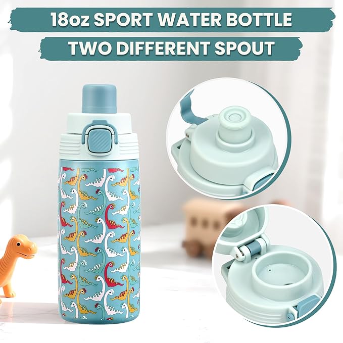 PIQUEBAR Bento Lunch Box for Kids with Thermo Ice Pack Lunch Food Container Insulated Bag, 18oz Plastic Sport Water Bottle for Kid Girls Boys (T-Blue Dinasour)