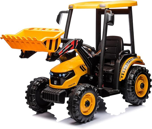 Kidsera 24V Ride on Tractor with Front Loader, Ride On Excavator with 24volt Dual Motors 4-Gearbox Metal Frame Kids Electric Vehicles 24V Power Wheels 24v Ride on Toys for Big Kids (Yellow)