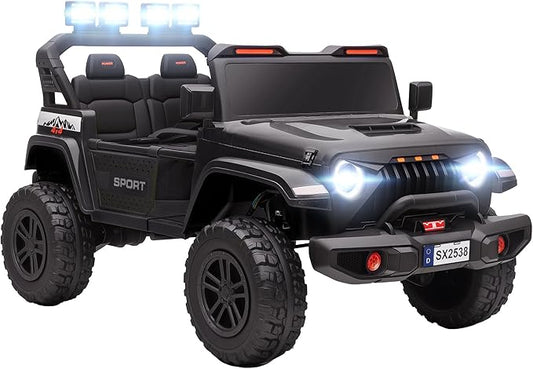 Qaba 24V 2-Seater Kids Ride on Truck Car, 44-50" L Adjustable 4WD Electric Car, 5 MPH Max Speed, Remote Control, Spring Suspension, Storage and LED Lights for Kids Ages 37-95 Months, Black