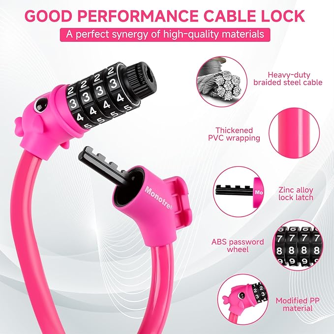 Bike Lock, 3.9 Feet 4-Digit Resettable Combination Password Anti-Theft Cable Lock, Cute Coiled Bike Lock with Mounting Bracket, Suitable for Bicycles, Electric Scooters, Ebikes (Pink-10mm)