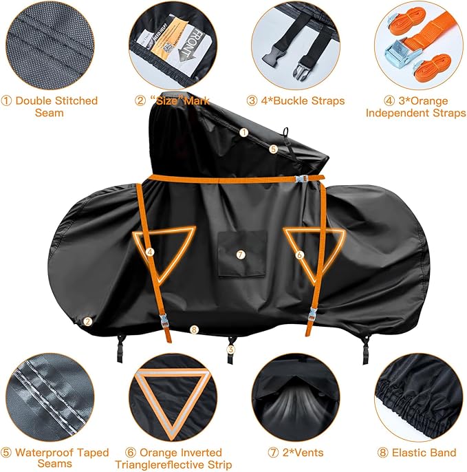 NEVERLAND Bike Cover for Transport on Rack, Bicycle Cover Outdoor Storage Waterproof All Seasons, 600D Oxford Materials, Travel Use for Car, Truck, RV, SUV - Light Night Reflectors for 2 Bikes