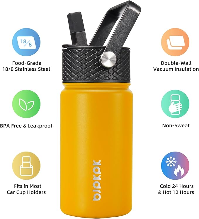 BJPKPK Water Bottle with Straw Lid, 15 oz Insulated Water Bottle, Stainless Steel Metal Water Bottles, Reusable Leak Proof BPA Free Thermo, Flask, Cups,Macaron-Orange