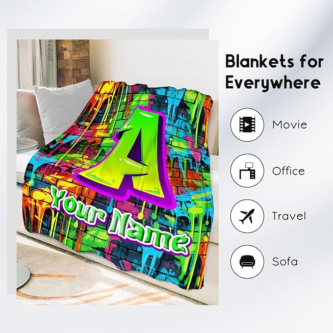 Custom Boys Blanket - Personalized Kids Blanket with Name - Graffiti Initial Gifts - 50"x60" Cozy Fleece Toddler Throws for Bed - Customized Gifts for Room Decor