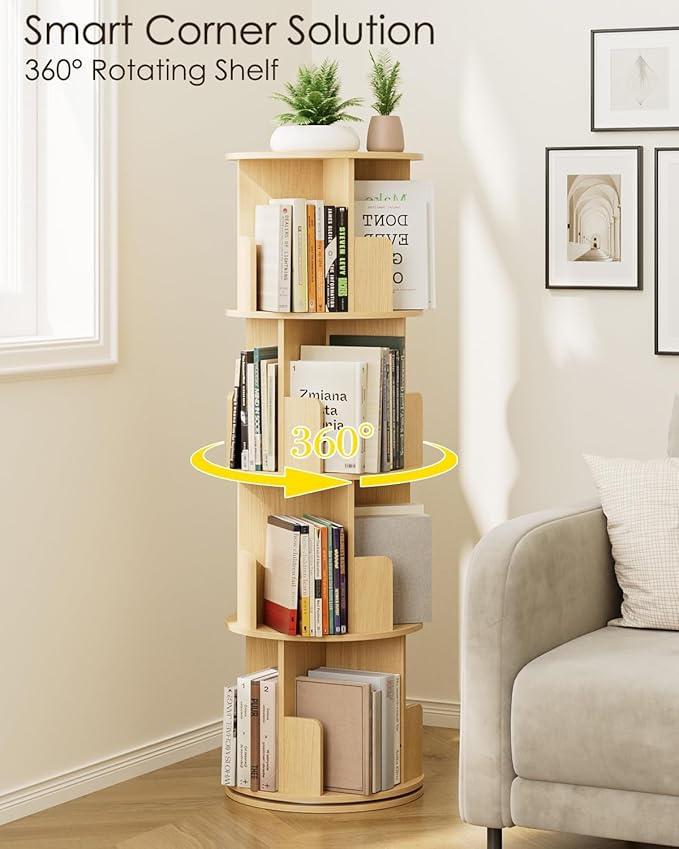 Masupu Rotating Bookshelf, Tall 4 Tier Rotating Spinning Bookshelf Tower, 360 Spinning Floor Standing Bookcase Storage Rack, Conner Rotating Book Shelf for Kids Rooms, Bedroom, Living Room