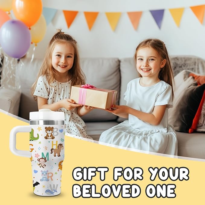 14 oz Kids Animal Alphabet Tumbler with with Handle Straw Lid, Stainless Steel Insulated Water Tumbler, Abc Letters Stuff, for Sports, School, Travel - Back to School Children Birthday Gifts Cups(1pc)